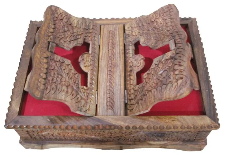 Wooden Carving Box With Built In Rehal Stand (Wooden and Black Colour)