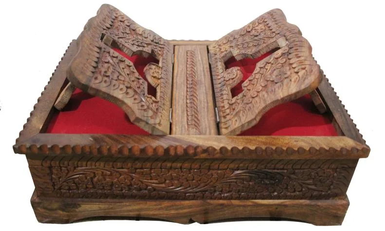 Wooden Carving Box With Built In Rehal Stand (Wooden and Black Colour)